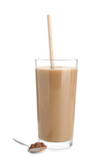 Delicious protein shake in glass and spoon with powder isolated on white