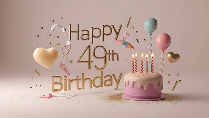 Minimalist 3D Pastel theme Happy 49th Birthday Background With Illustration Of Cake, Balloons, Heart And Confetti, 3d Happy Birthday Background