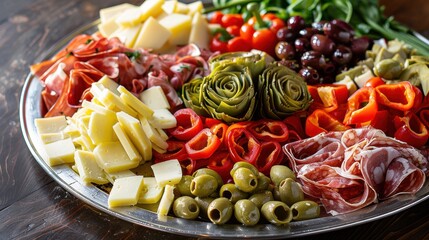 A beautifully arranged antipasto platter with a variety of Italian cheeses, olives, marinated artichokes, and roasted red peppers