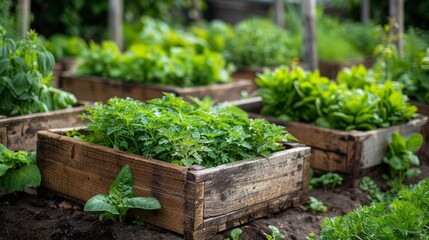 wooden boxes with fresh green seedlings on the farm. The concept of agriculture and a successful harvest.
