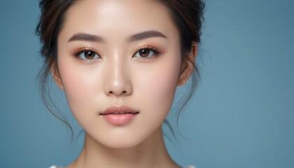 Naklejka premium Close up portrait of a serene woman against a minimalist background. Perfect for beauty, skincare, and fashion concepts.