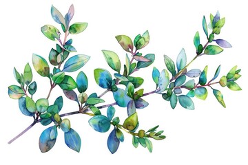 Obraz premium Watercolor illustration of a vibrant leafy branch with green and blue hues on a white background, perfect for art, nature, and botanical themes.