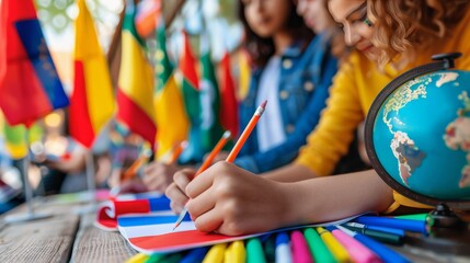 International delegates taking notes with various global flags in the background