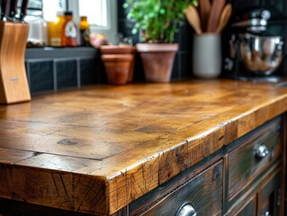 A close-up shot of a dull and stained butcher block countertop indicating the need for sanding oiling and restoration to its original beauty