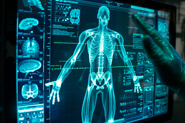 3d rendered illustration of a body and brain for medical technology AI in medicine and science computing systems. Information data in hospitals and doctors in digitalization 