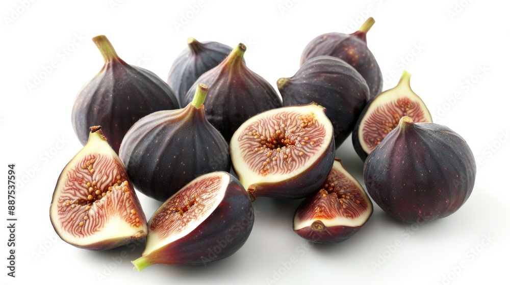 Poster Freshly cut figs arranged on a clean white background, ideal for use in food or health related contexts