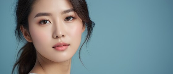 Naklejka premium Portrait of a beautiful Korean woman with long, wavy hair and a serene expression, set against a blue background.