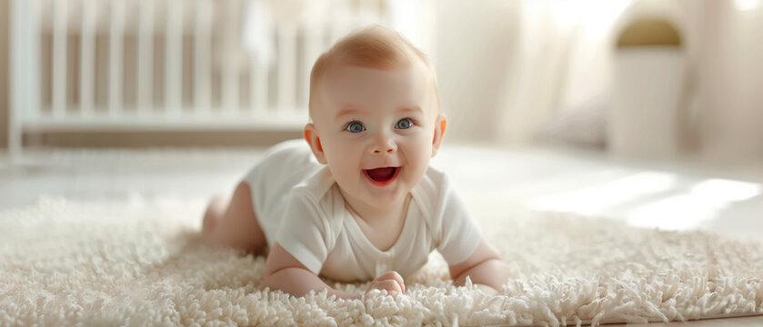 Happy baby crawling on a soft carpet in a bright and cozy nursery, smiling and enjoying playtime during a sunny day.