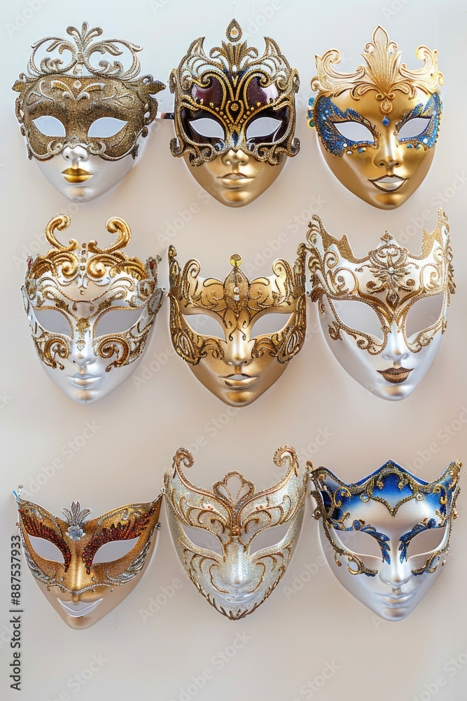 Poster a selection of colorful masks arranged on a white background, suitable for use in costume parties or