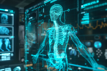 3d rendered illustration of a body and brain for medical technology AI in medicine and science computing systems. Information data in hospitals and doctors in digitalization 