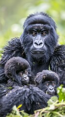 Obraz premium A mother gorilla and her two babies are sitting in the grass