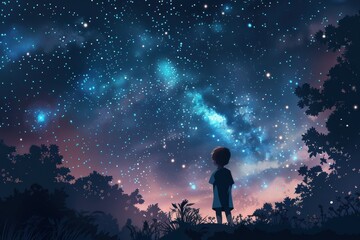 Fototapeta premium A child standing under a night sky filled with stars and the Milky Way, looking up in amazement