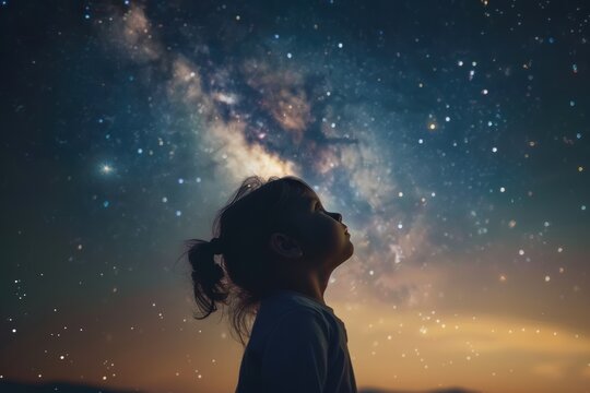 A child standing under a night sky filled with stars and the Milky Way, looking up in amazement