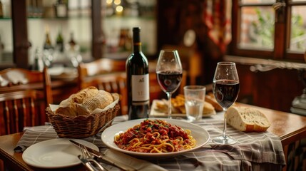 A cozy Italian trattoria with a table set for two, featuring a bottle of red wine