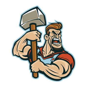 Cartoon Mascot Angry Man Holding a Demolition Sledgehammer Vector Illustration