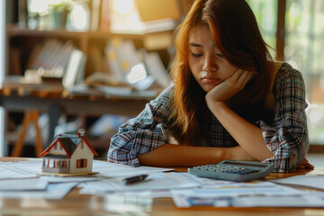 Fototapeta premium Businesswoman with financial stress at desk with house model, documents, and pen, face buried in hands