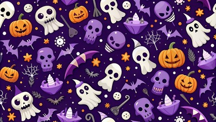 Fototapeta premium Halloween party background with clouds, bats and pumpkins, spiders web and witch cauldron. Orange and purple color backgrounds.
