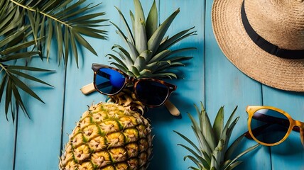 Summer Paradise: Tropical Flat Lay with Pineapples, Sunglasses & Straw Hat
