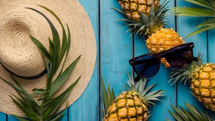 Summer Paradise: Tropical Flat Lay with Pineapples, Sunglasses & Straw Hat
