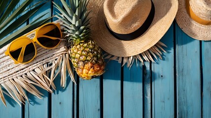 Summer Paradise: Tropical Flat Lay with Pineapples, Sunglasses & Straw Hat

