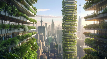 Obraz premium Innovative future city skyline featuring vertical farms and automated agriculture systems addressing food security. Sustainable urban farming and technology integration for a resilient future.