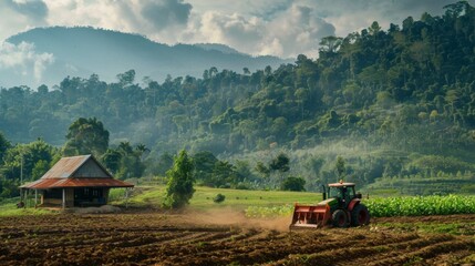 Naklejka premium Landscape photo of a village house and farm ready for harvesting by an bulldozer,&nbsp;tractor,&nbsp;industrial harvesting truck machine