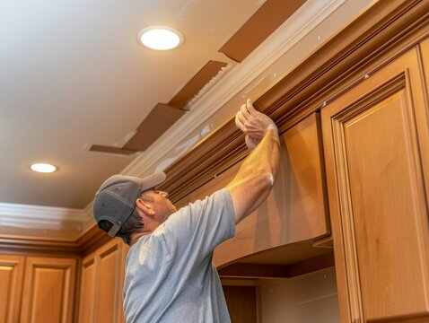 A worker installing crown molding on top of new kitchen cabinets for a finished elegant look
