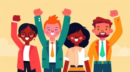 Dynamic image of unified young professionals standing with raised fists in solidarity.