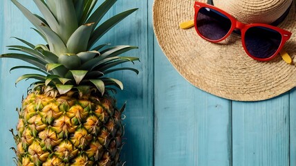 Summer Paradise: Tropical Flat Lay with Pineapples, Sunglasses & Straw Hat
