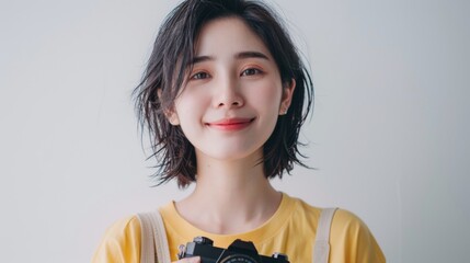 Young pretty girl holding a camera