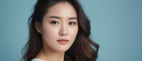 Naklejka premium Portrait of a beautiful Korean woman with long, wavy hair and a serene expression, set against a blue background.