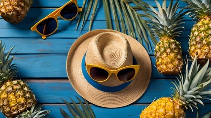 Summer Paradise: Tropical Flat Lay with Pineapples, Sunglasses & Straw Hat
