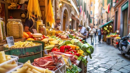 A lively Italian street market with vendors selling fresh pasta, artisanal cheeses, cured meats, and an array of colorful vegetables and fruits