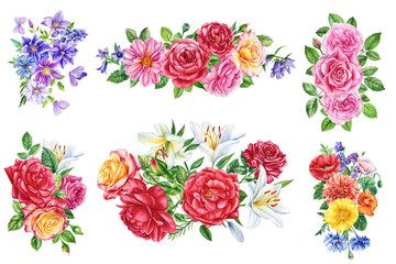 Summer wildflowers, green leaves on an isolated, poppies, roses, dahlia. painted in watercolor. Wild field herbs