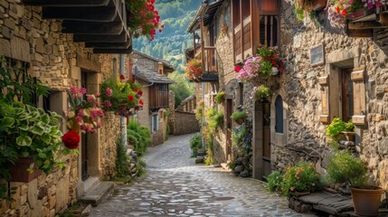 Fototapeta premium Picturesque stone street in a quaint village with blooming flowers and traditional houses on a sunny day