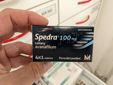 Prague, Czech Republic - July 10 2024: Spedra box of medication with avanafil active substance by Menarini, used for treatment of erectile dysfunction.