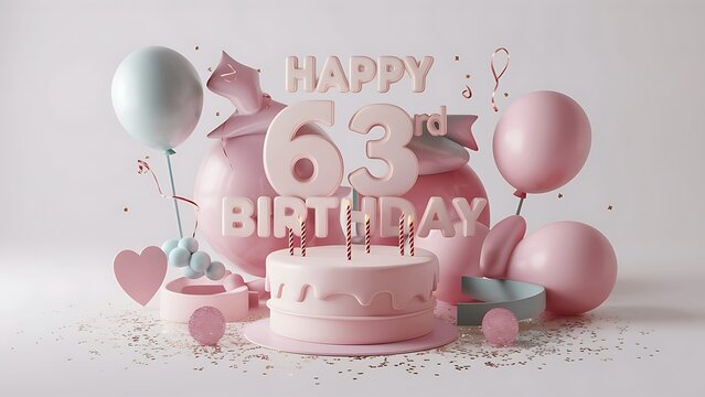 Minimalist 3D Pastel theme Happy 63rd Birthday Background With Illustration Of Cake, Balloons, Heart And Confetti, 3d Happy Birthday Background