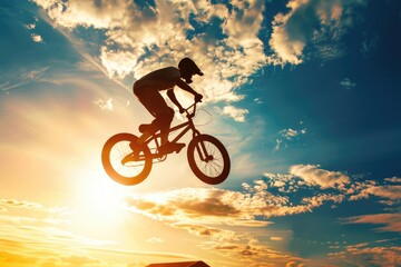 Silhouette of a man doing an jump with a bmx bike against sunshine sky.