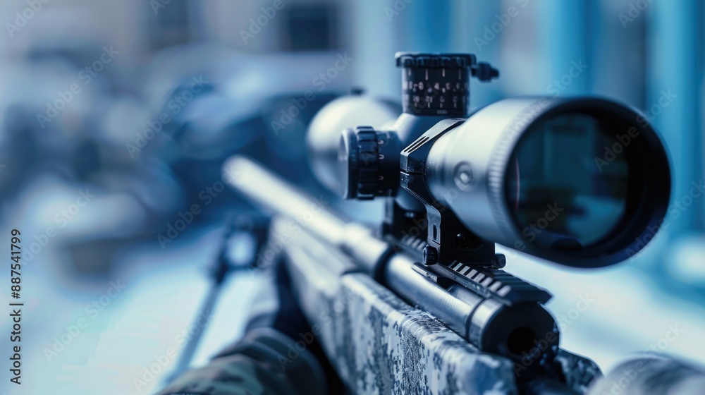 Poster A close-up view of a rifle with a scope, suitable for use in editorial or commercial contexts