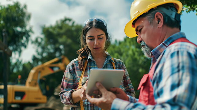 Manager With Tablet On Construction Site with Excavators background