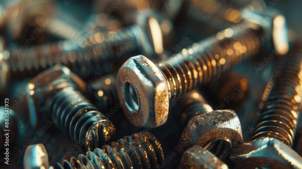 Poster A collection of screws and nuts arranged on a table