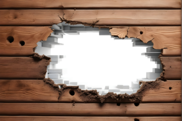 Dynamic image of a hole breaking through a wooden wall, isolated on a transparent background. Ideal for concepts of breakthrough, strength, and destruction.