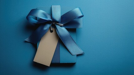 Ribbon with tag on blue background