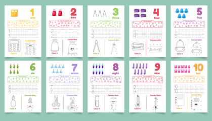 Activity worksheets for kids with many exercises. Learning numbers from 1 to 10. Trace, color, dot to dot on one page