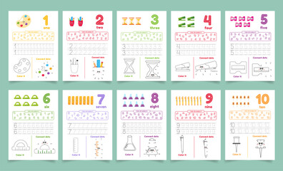 Activity worksheets for kids with many exercises. Learning numbers from 1 to 10. Trace, color, dot to dot on one page