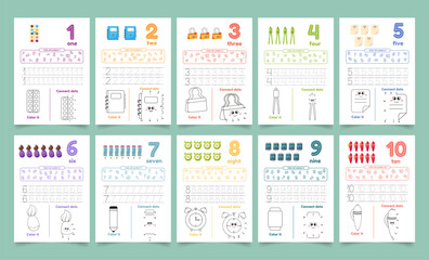 Activity worksheets for kids with many exercises. Learning numbers from 1 to 10. Trace, color, dot to dot on one page