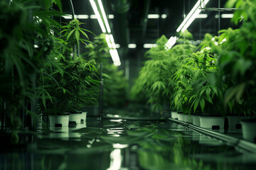 Naklejka premium commercial farming of medical cannabis plants in a modern and automated indoor greenhouse growing for medicinal purpose
