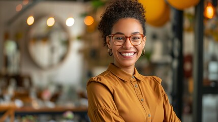 Fototapeta premium Professional Female Event Organizer in Neat Attire Smiling Confidently at the Camera with a Decorated Event Venue Background Showcasing Her Expertise