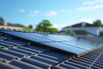Close-up of solar photovoltaic solar panels on roof to produce green renewable alternative energy for the environment as a ecology concept