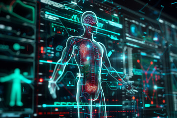 3d rendered illustration of a body and brain for medical technology AI in medicine and science computing systems. Information data in hospitals and doctors in digitalization 